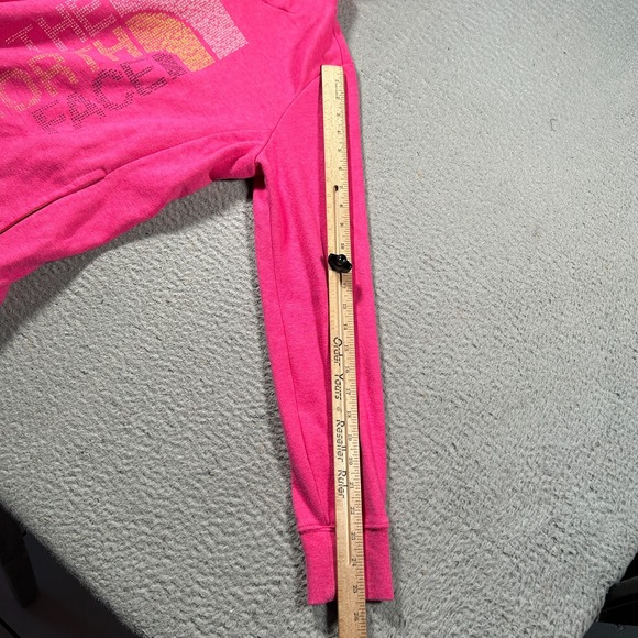 The North Face Hoodie Womens Medium Pink Spell Out Logo Fleece Lined Drawstring - Picture 7 of 10